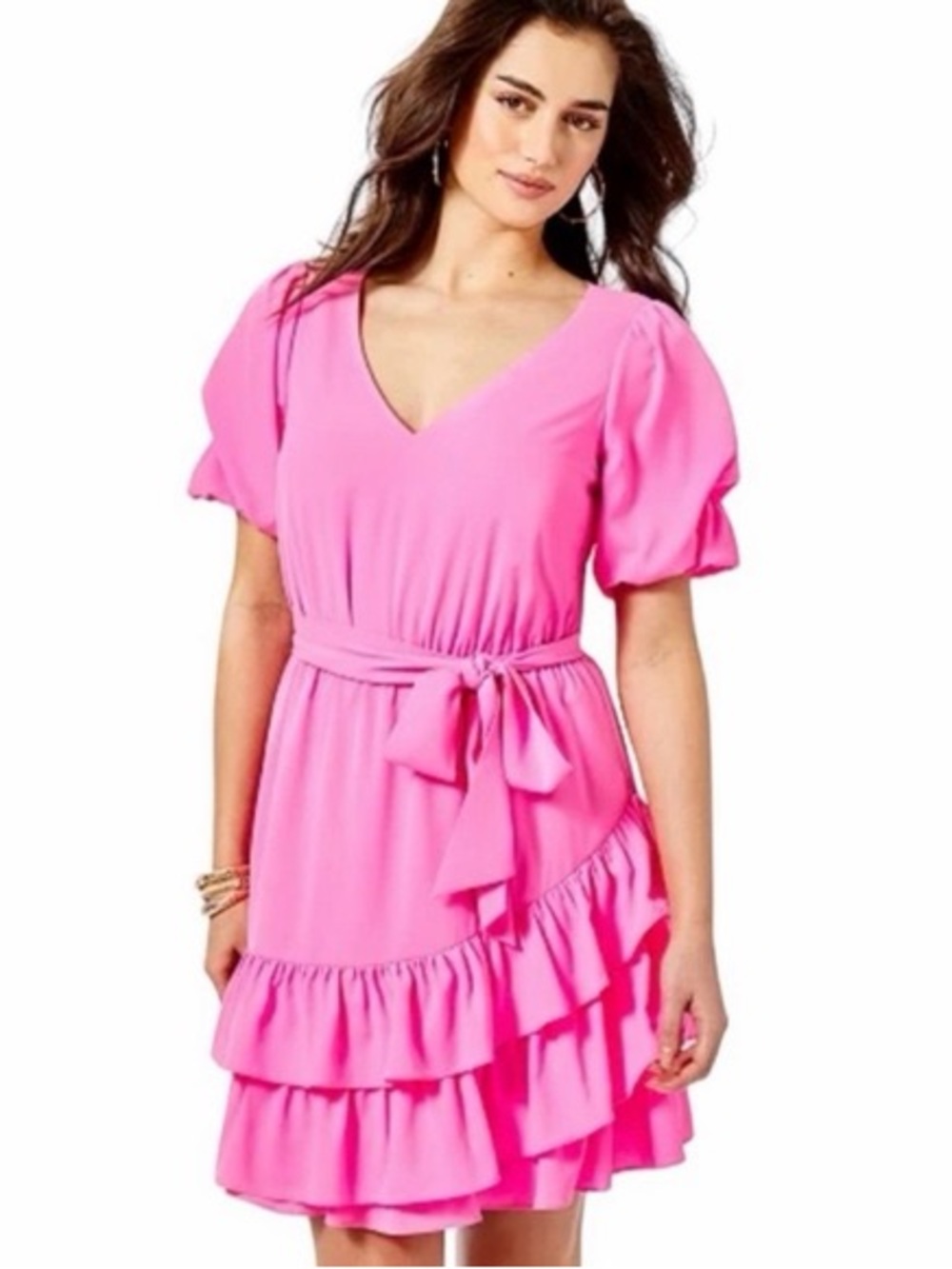 Lilly Pulitzer Hot Pink V-Neck Ruffle Tie-Waist Dress